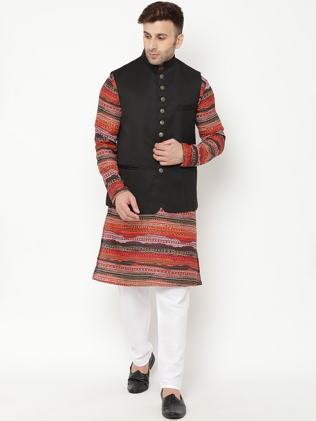 

Hangup Men Ethnic Motifs Printed Kurta with Pyjama & With Jacket, Brown