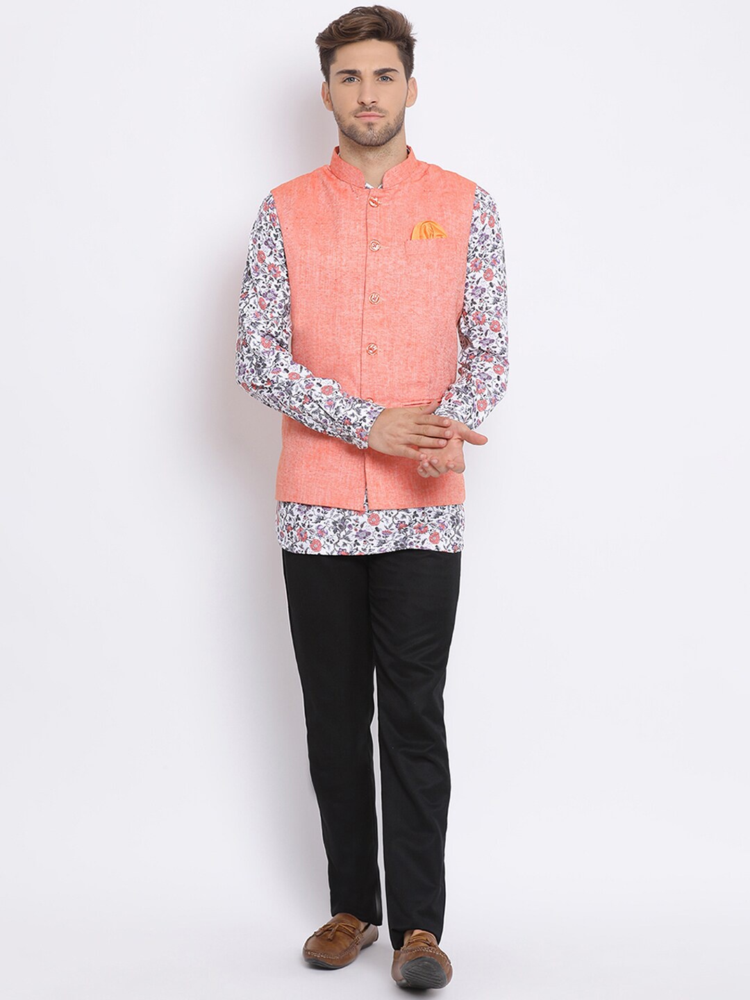 

Hangup Men Floral Printed Kurta with Trousers Nehru Jacket, White