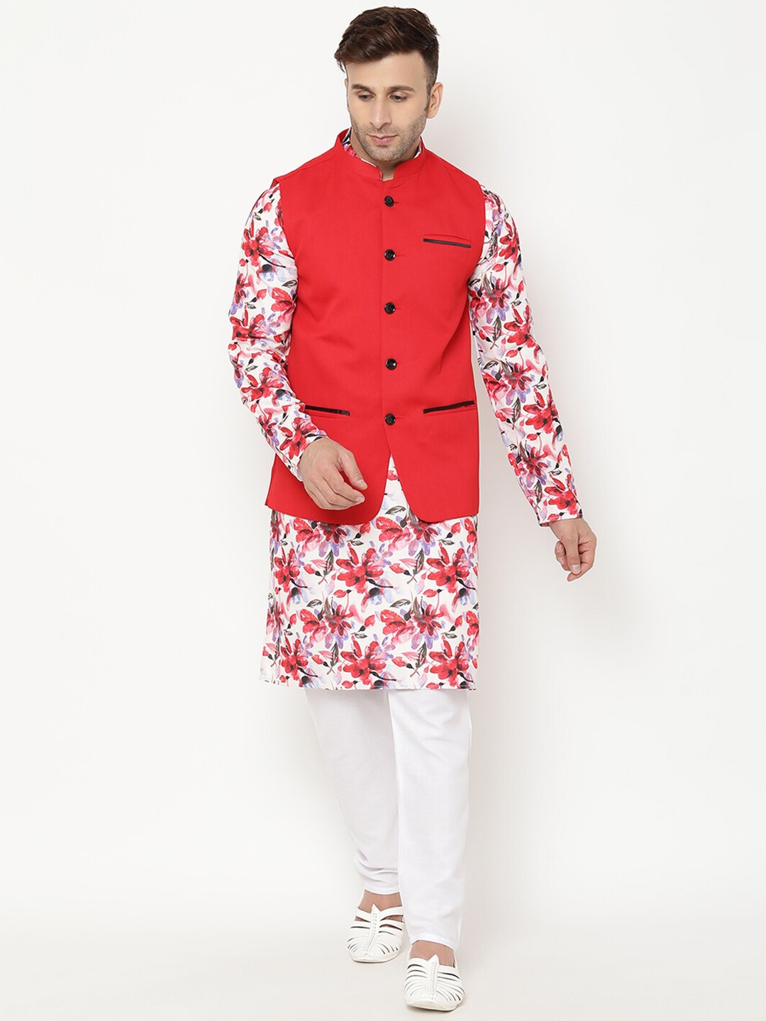 

Hangup Men Floral Printed Kurta with Pyjamas, Red