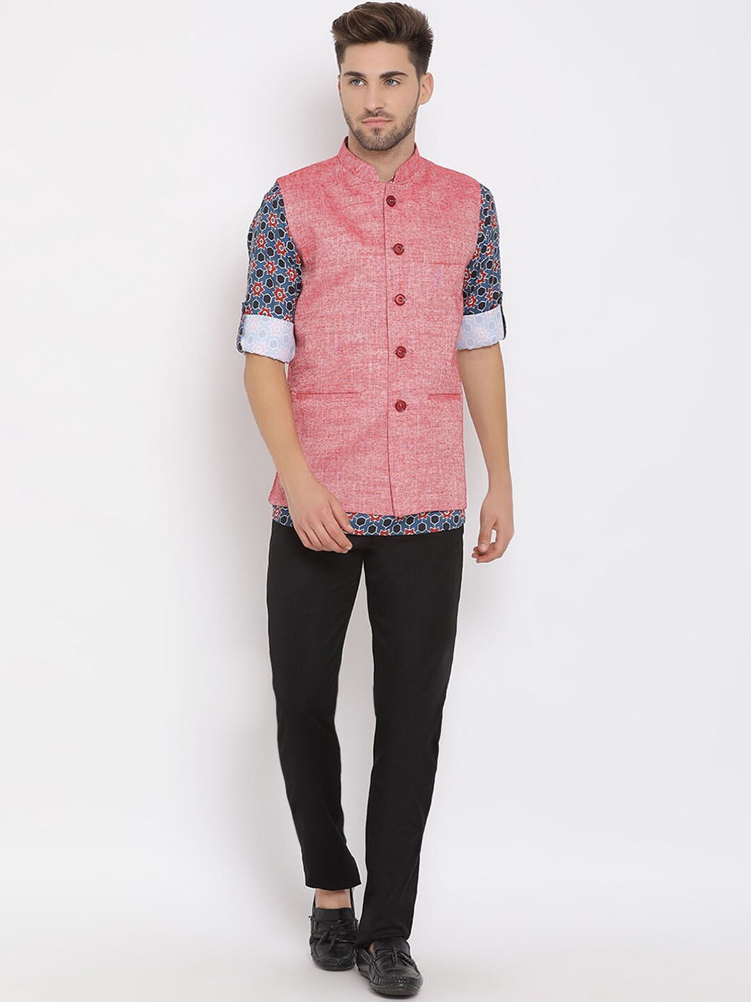 

Hangup Men Ethnic Motifs Printed Linen Kurta with Trousers Nehru jacket, Red