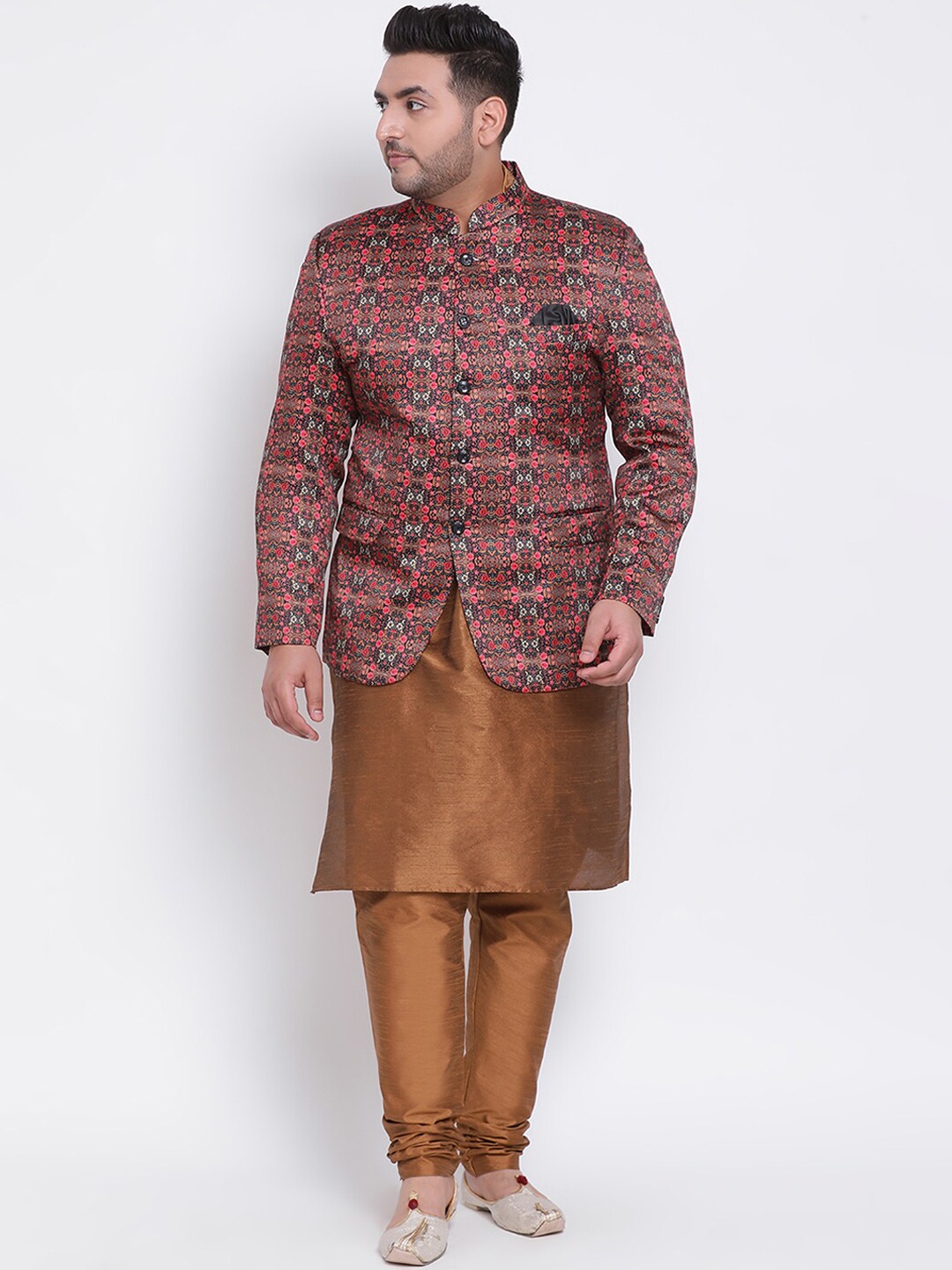 

Hangup Men Plus Size Brown Kurta with Pyjamas & Jacket