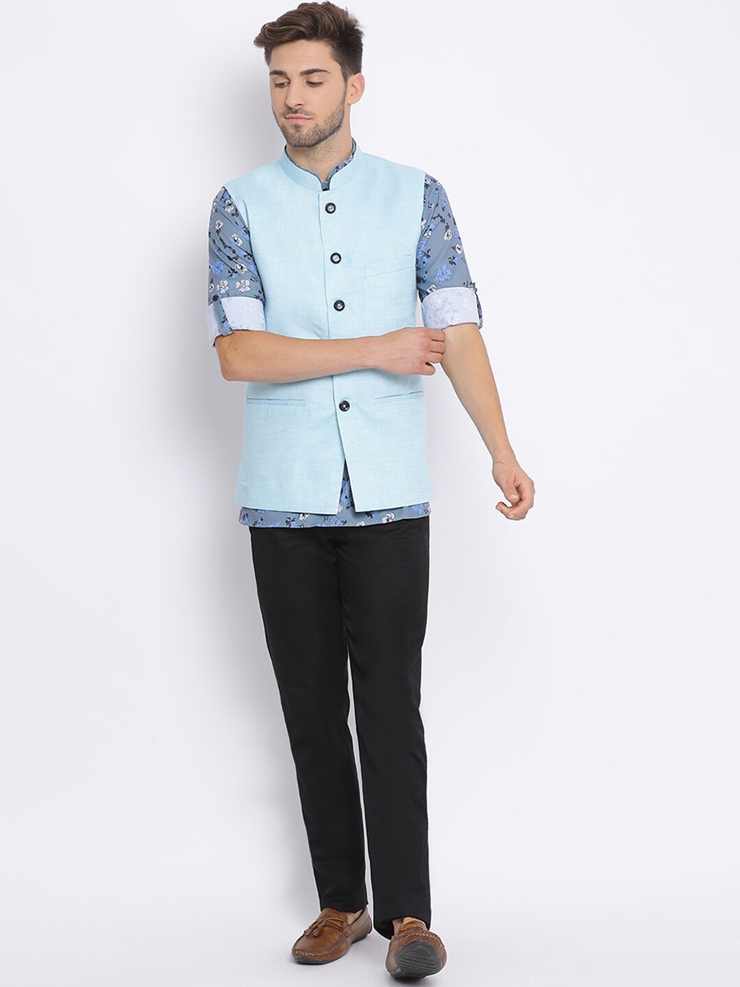 

Hangup Men Floral Printed Kurta with Trousers, Blue