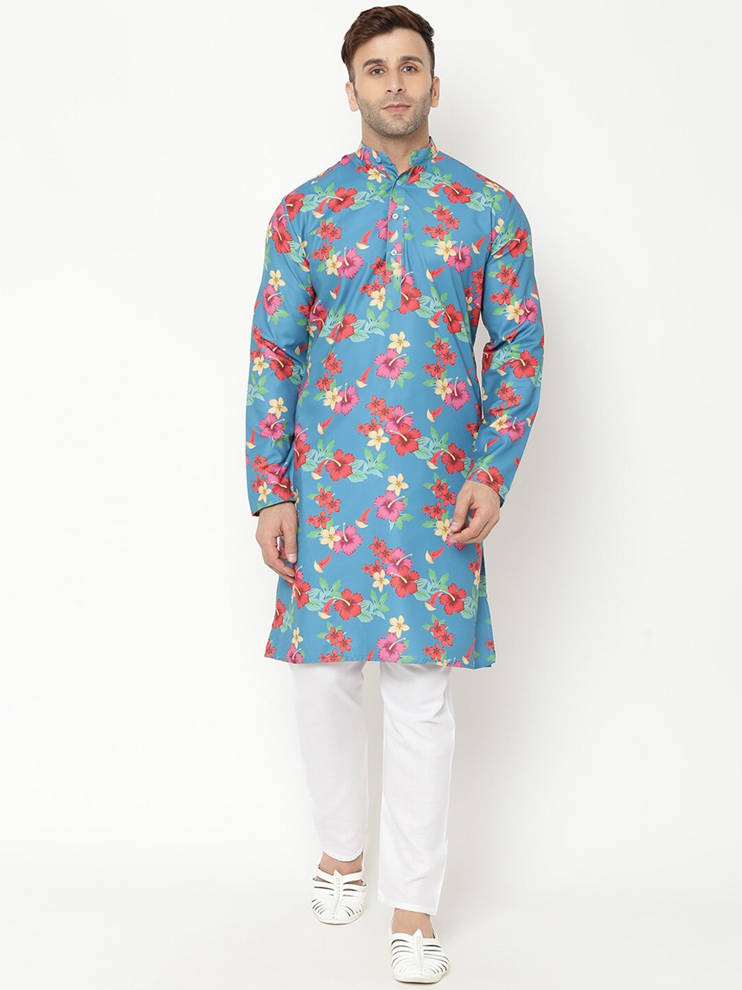 

Hangup Men Floral Printed Kurta with Pyjamas, Turquoise blue