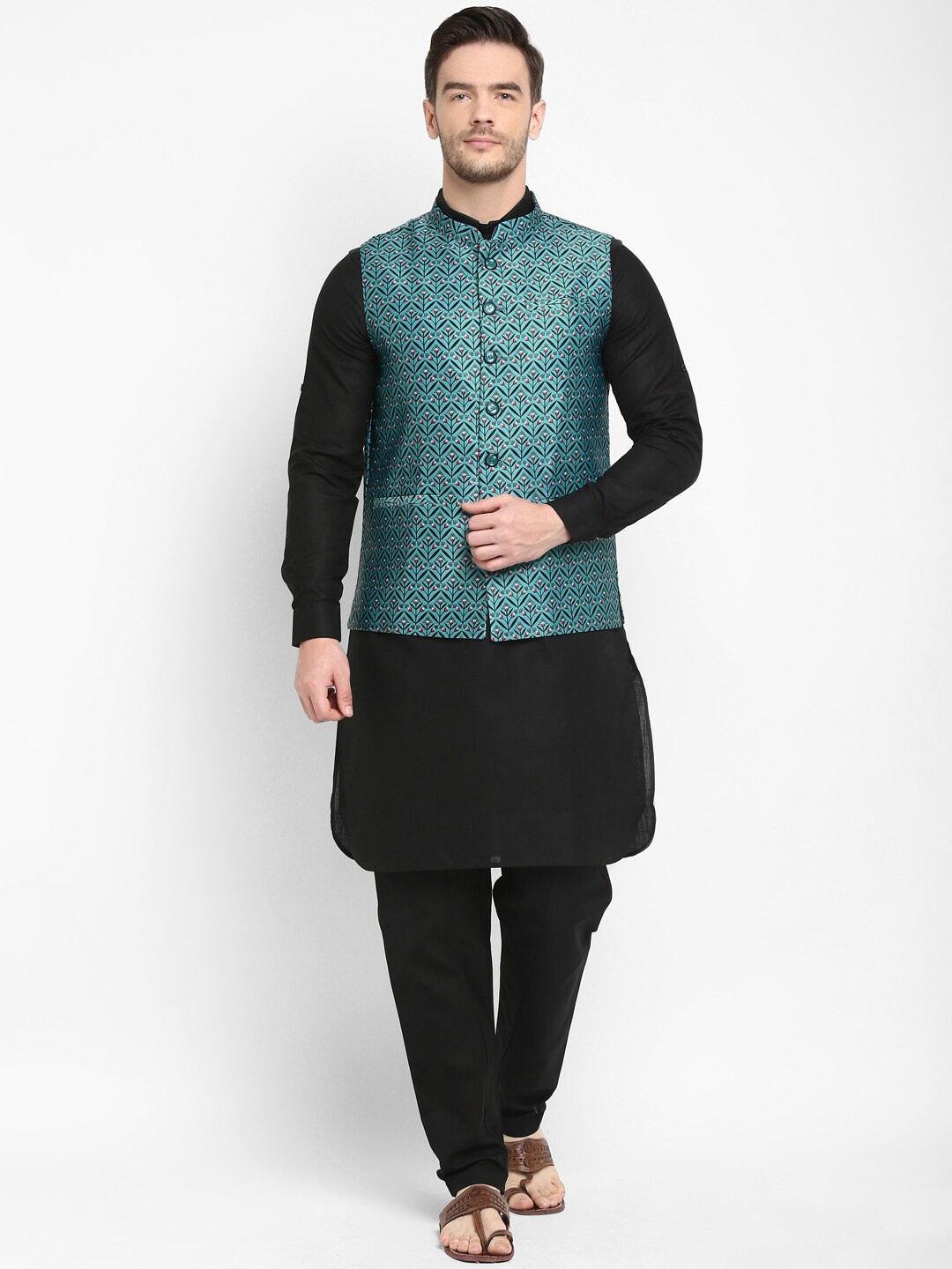 

Hangup Men Linen Kurta with Pyjamas, Black
