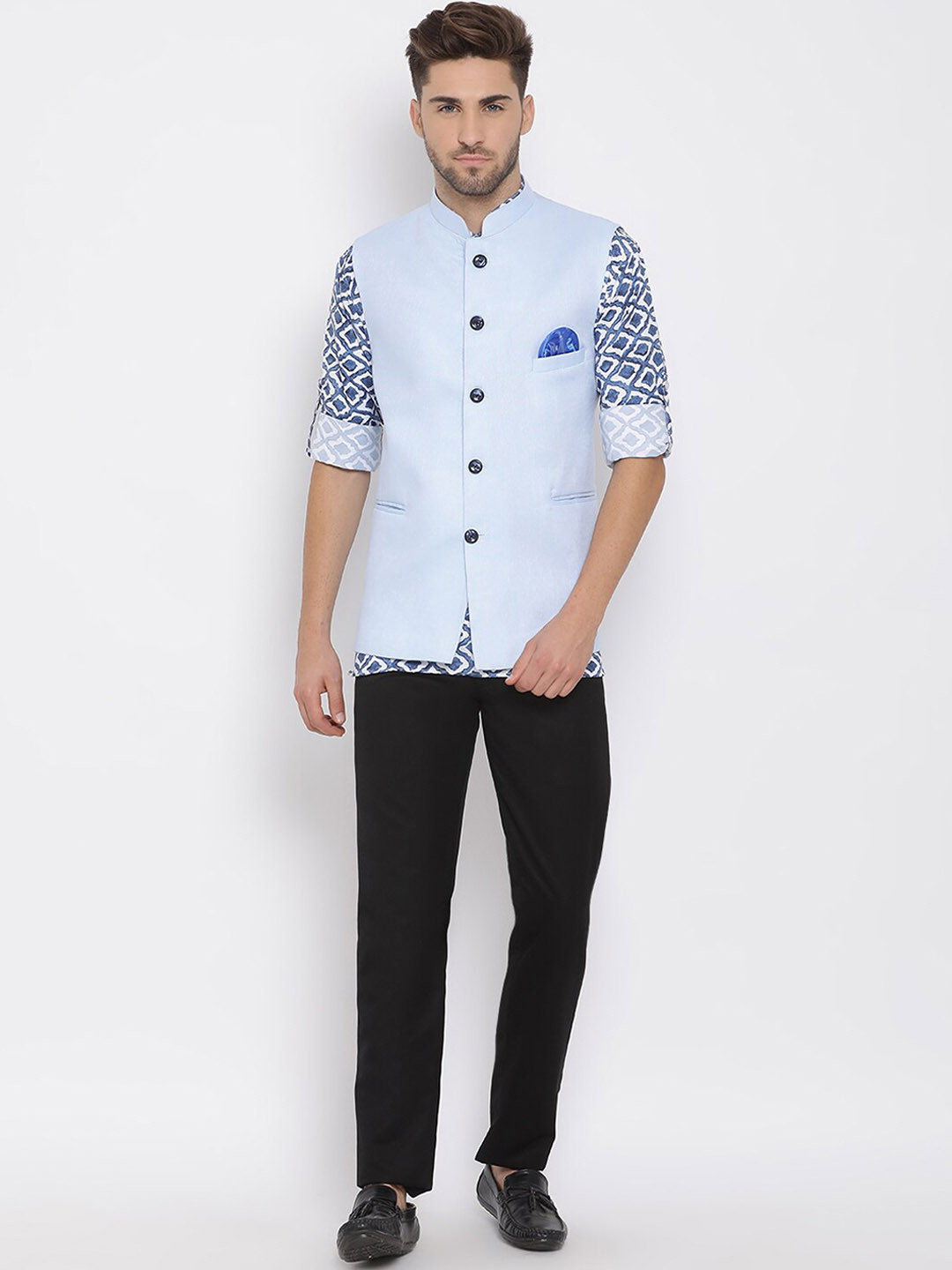 

Hangup Men Printed Linen Kurta with Trousers, Blue