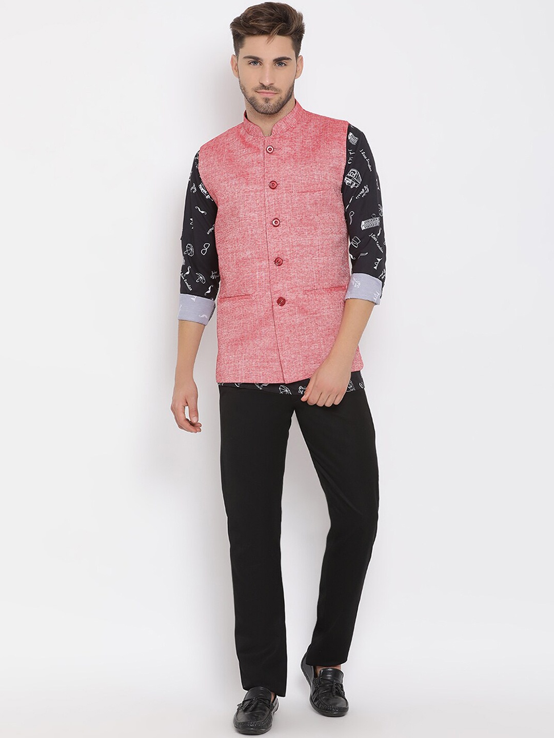 

Hangup Men Printed Linen Kurta with Pyjamas, Black