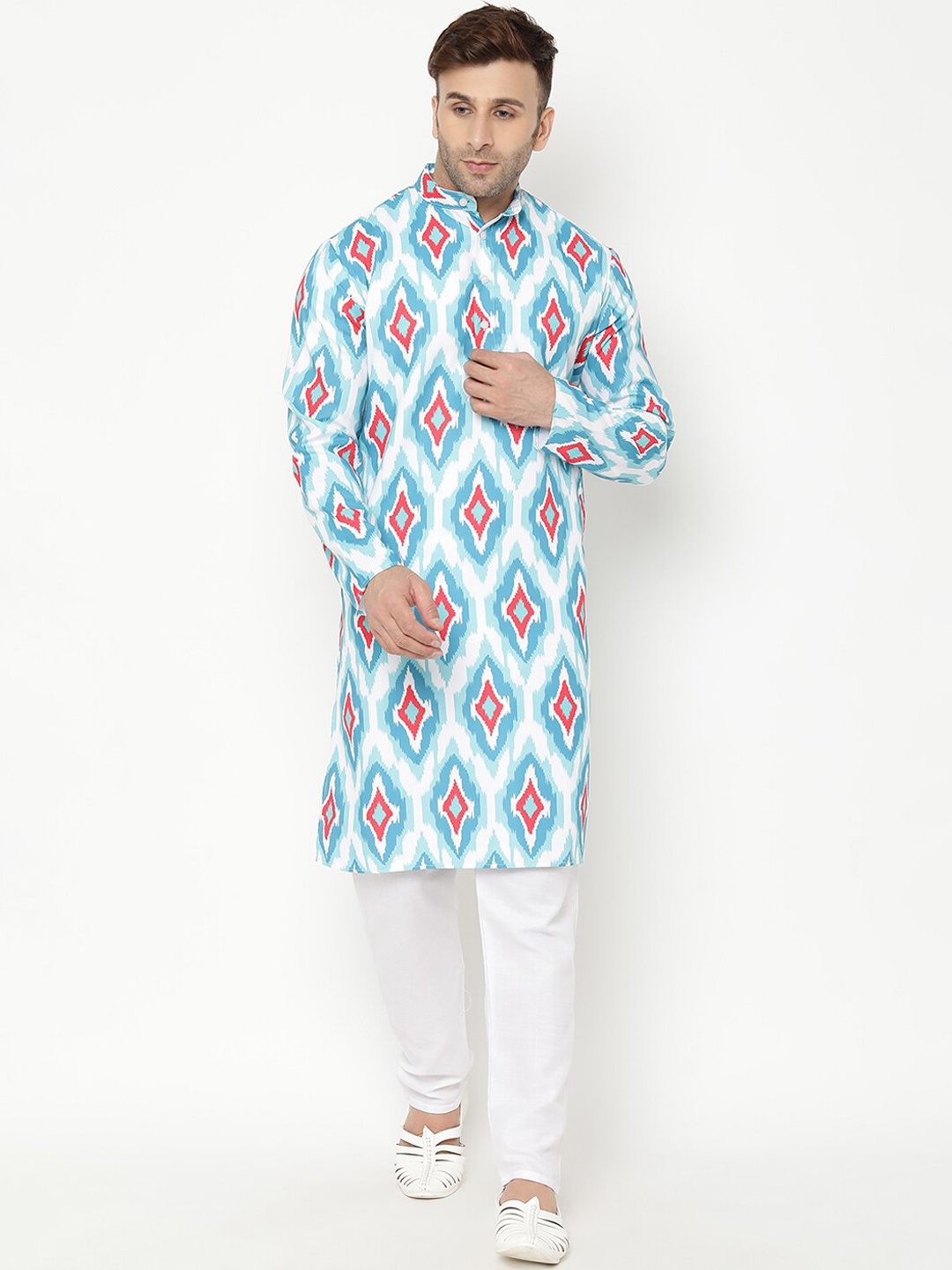 

Hangup Men Blue Printed Cotton Blend Kurta with Pyjamas