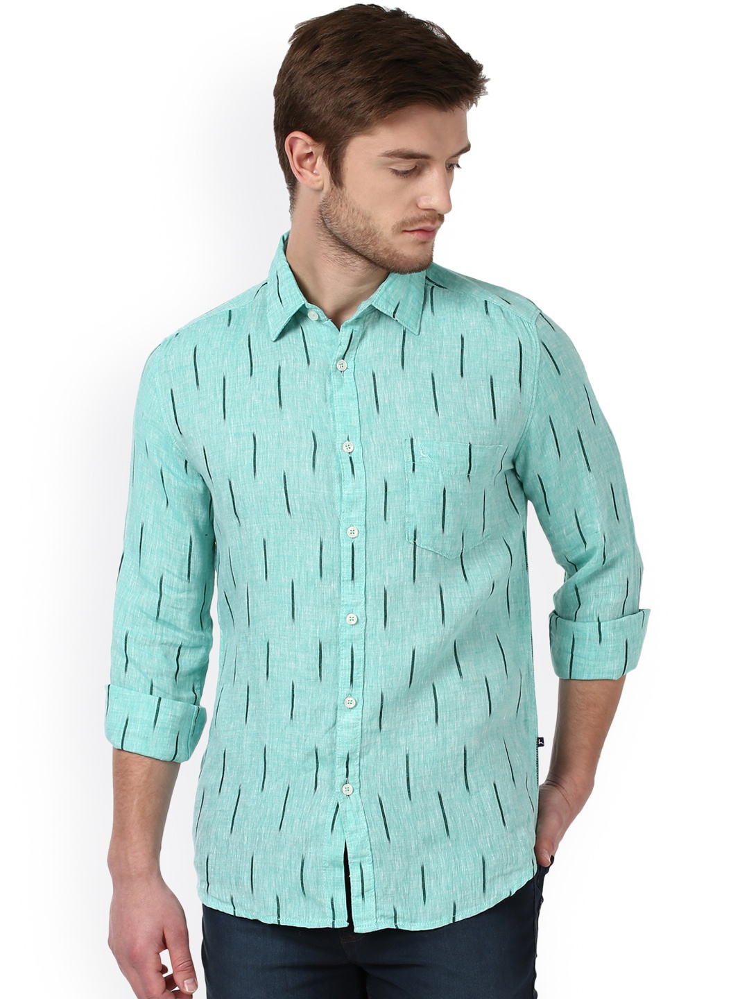

Parx Men Green Smart Slim Fit Striped Linen Casual Shirt