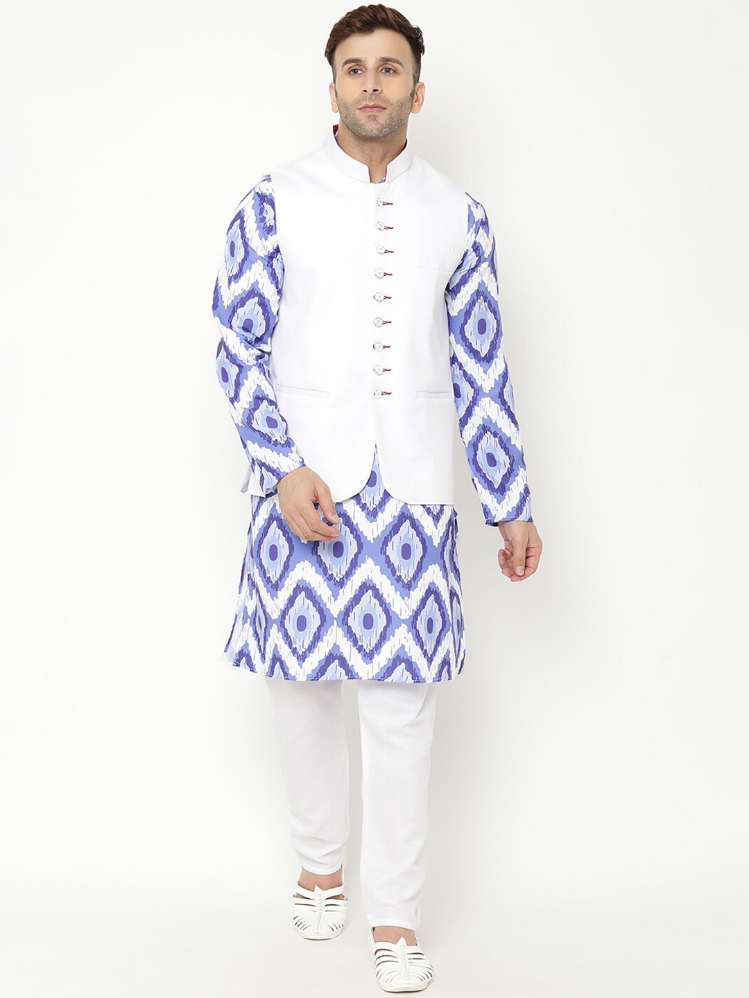 

Hangup Men Blue Printed Cotton Blend Kurta with Pyjamas & Nehru Jacket Set