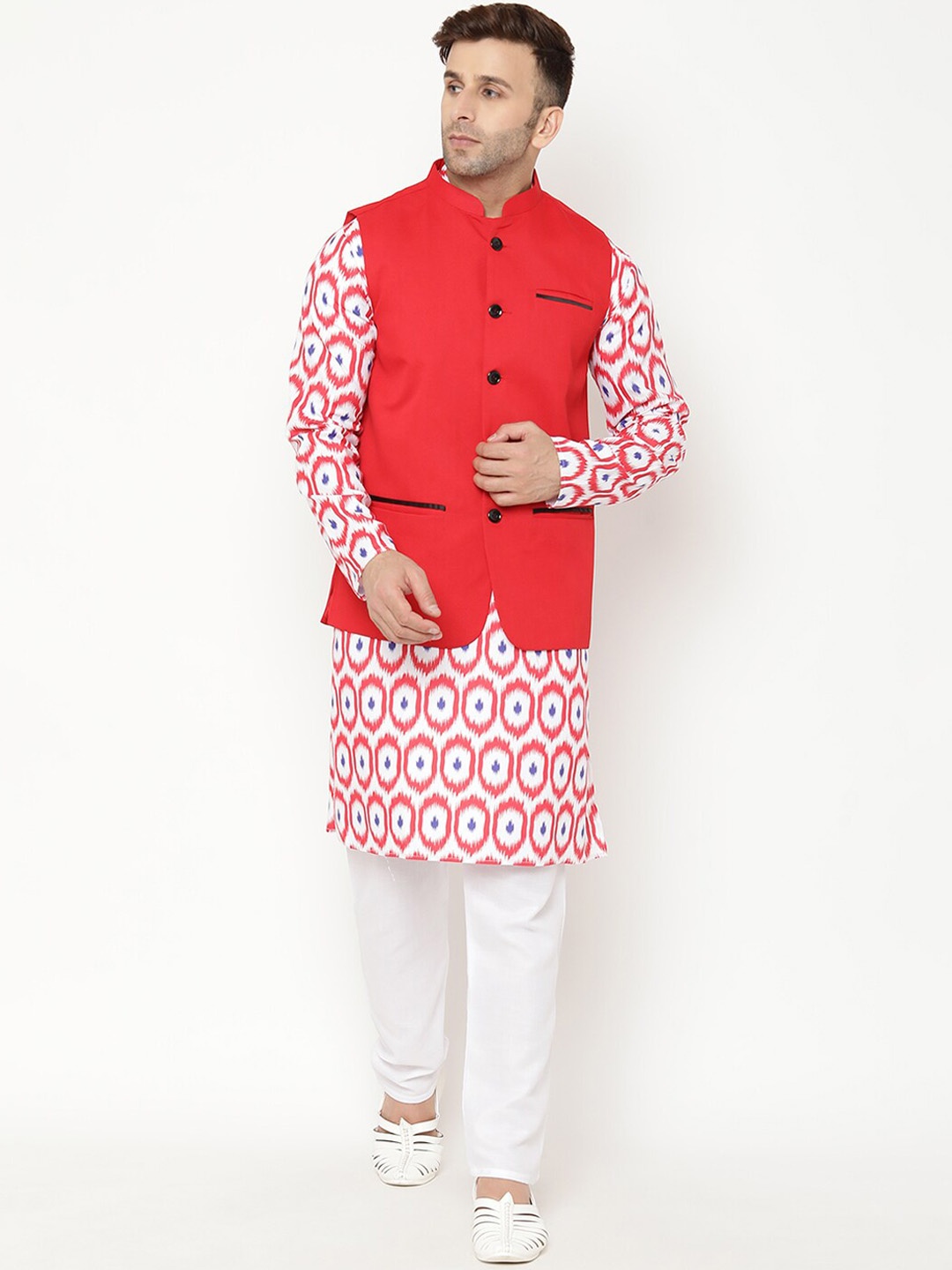 

Hangup Men Red Printed Cotton Blend Kurta with Pyjamas & Nehru Jacket Set