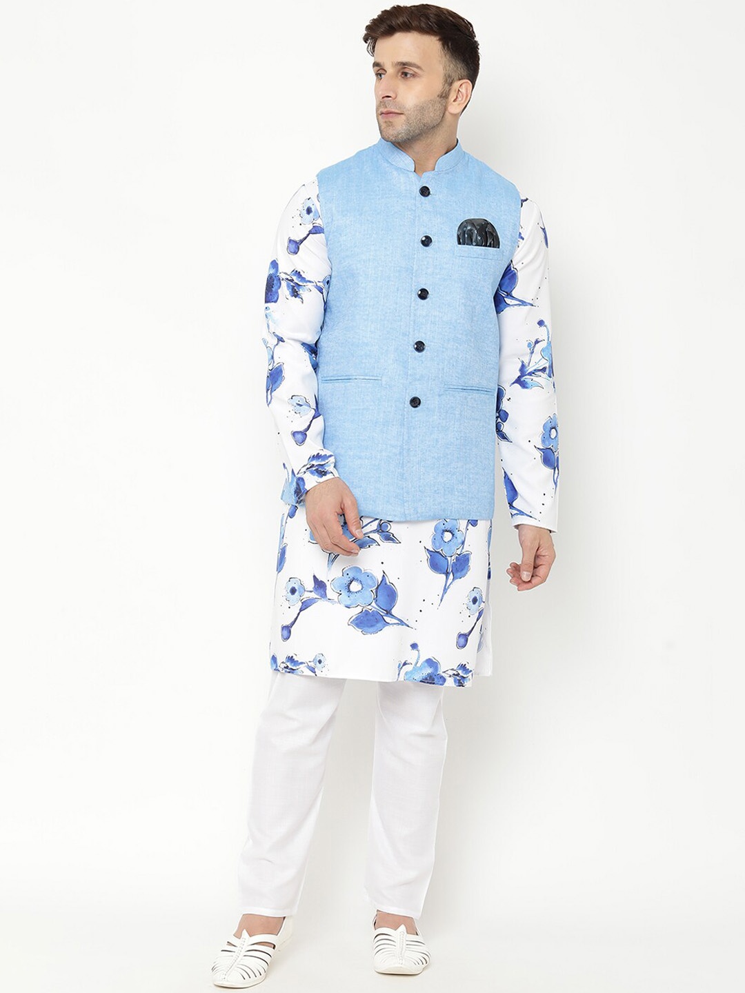 

Hangup Men Blue Floral Printed Cotton Blend Kurta with Pyjamas & Nehru Jacket Set