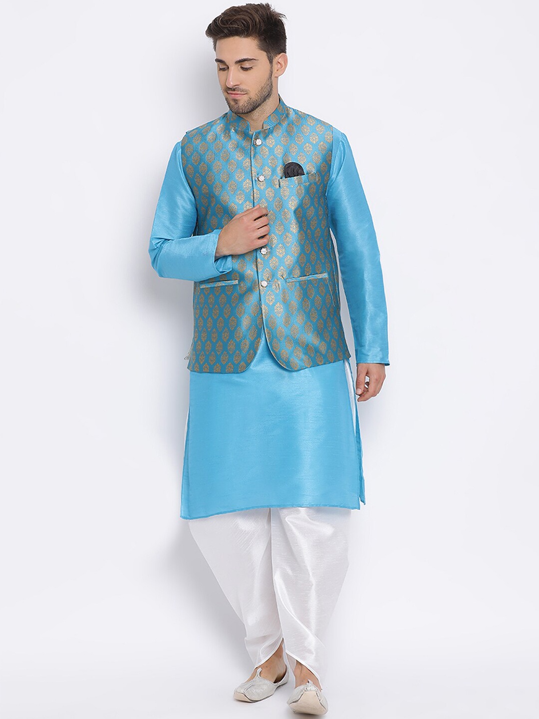 

Hangup Men Blue Kurta with Pyjamas & Waistcoat Set