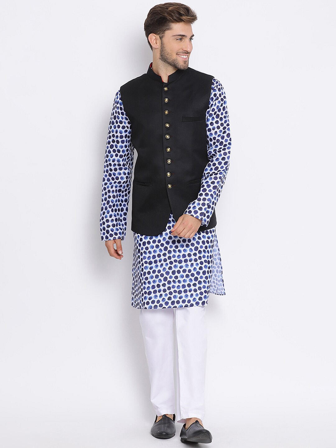 

Hangup Men Black Printed Kurta with Pyjamas & Waistcoat Set