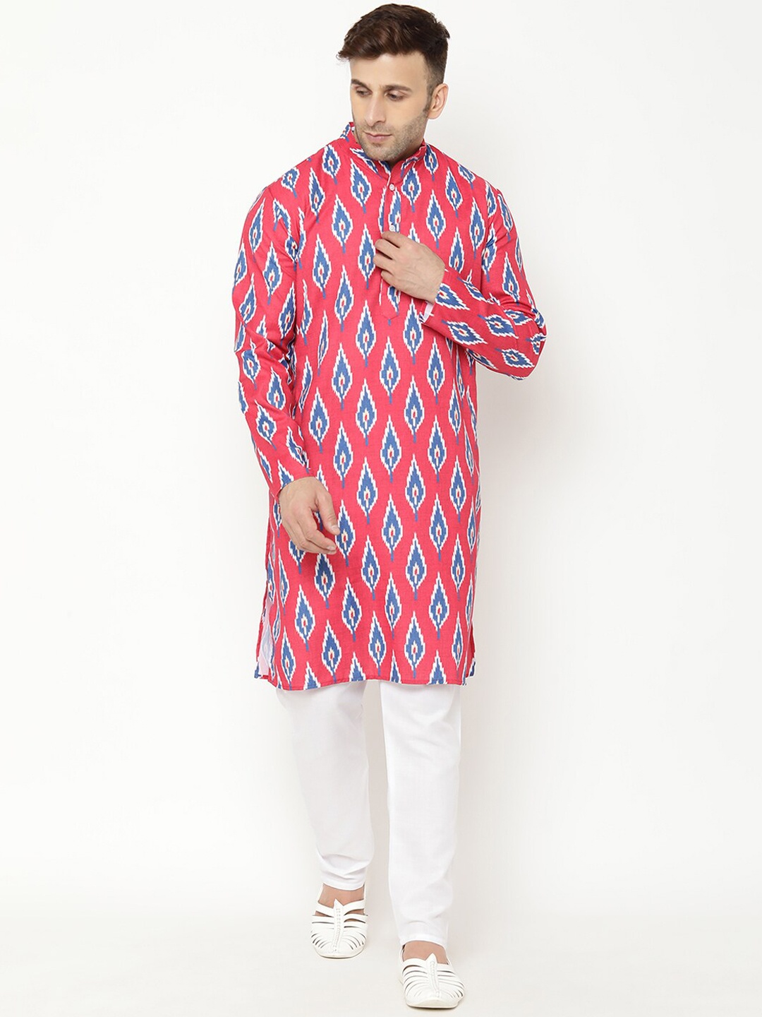 

Hangup Men Red Printed Cotton Blend Kurta with Pyjamas