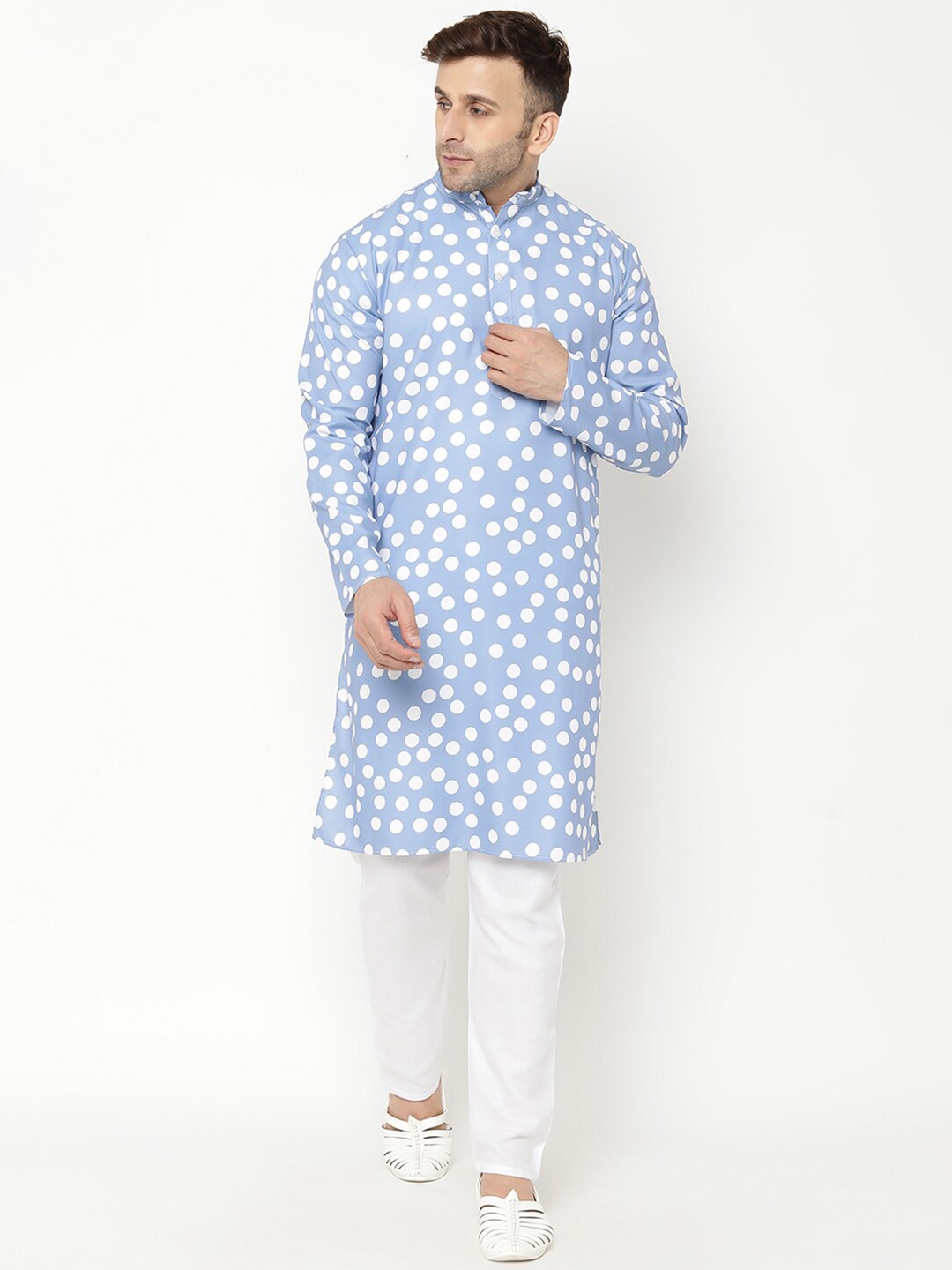 

Hangup Men Blue Printed Cotton Blend Kurta with Pyjamas