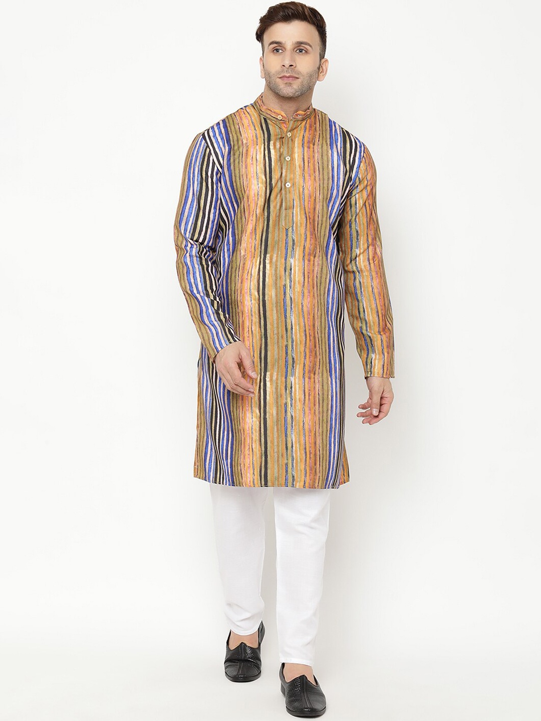 

Hangup Men Brown Striped Cotton Blend Kurta with Pyjamas