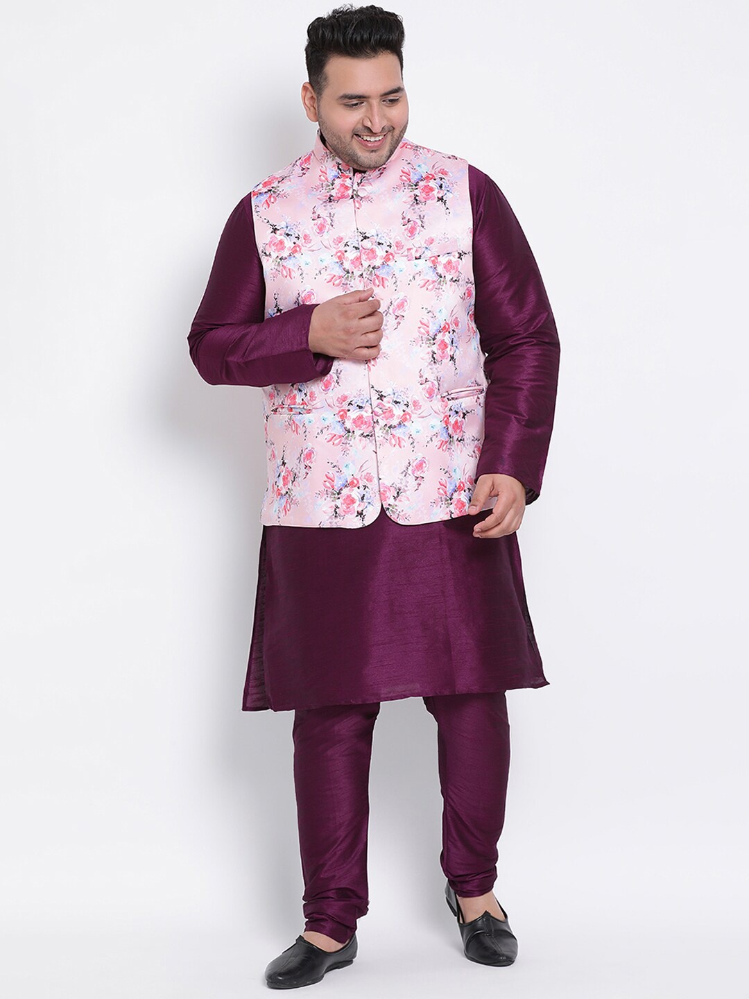 

Hangup Men Magenta Kurta with Pyjamas & Nehru Jacket Set