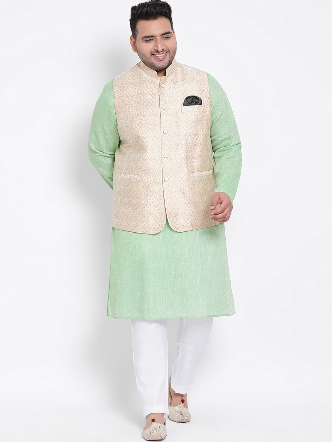 

Hangup Men Green Raw Silk Kurta with Pyjamas & Nehru Jacket Set