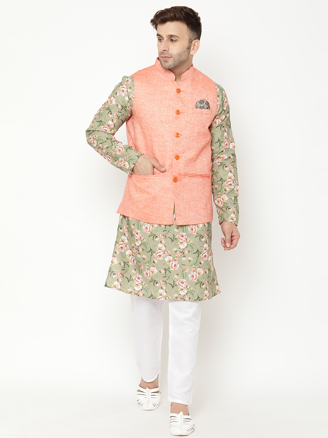 

Hangup Men Green Floral Printed Cotton Blend Kurta with Pyjamas