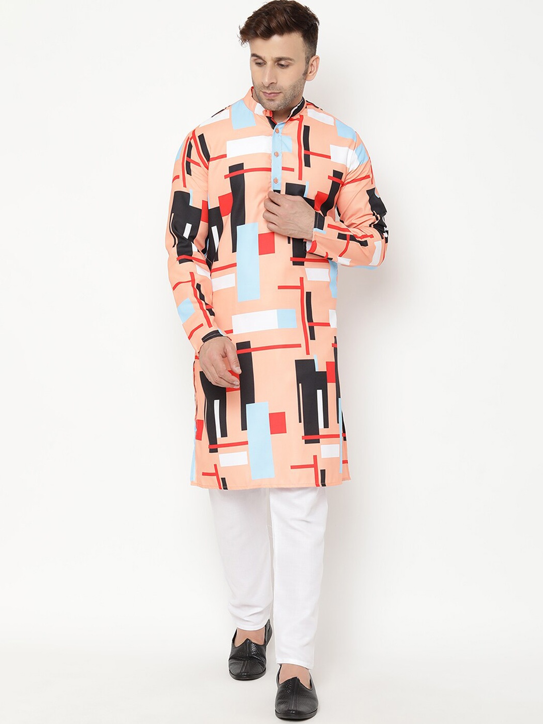

Hangup Men Printed Kurta with Pyjamas, Orange