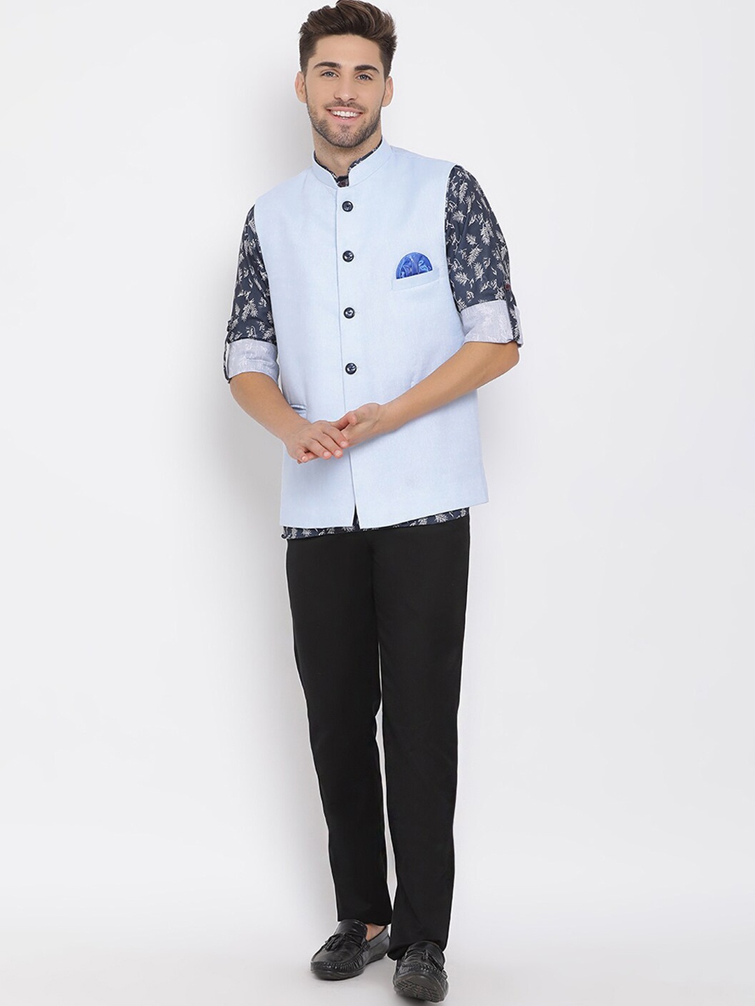 

Hangup Men Printed Linen Kurta with Pyjamas, Blue