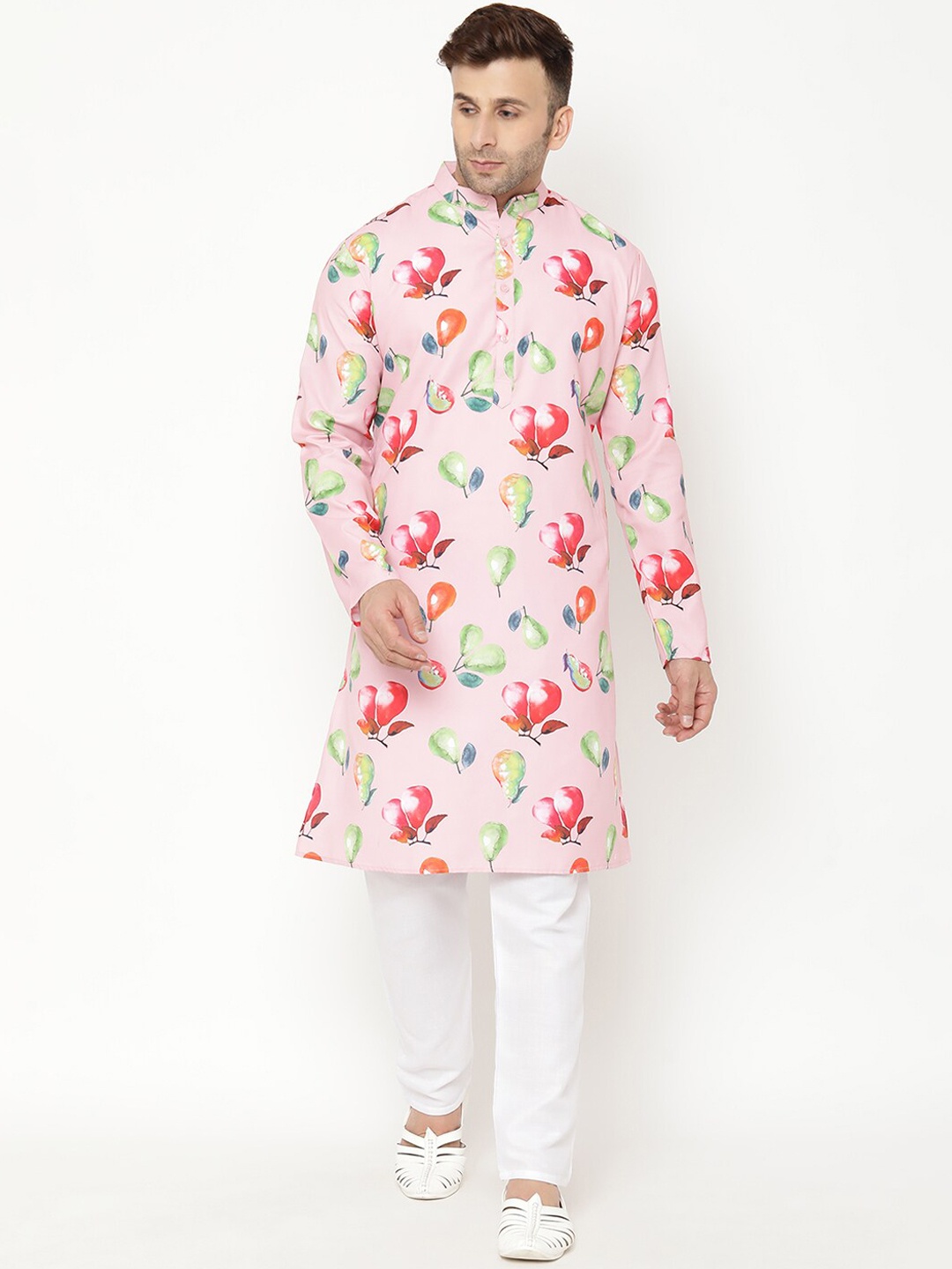 

Hangup Men Floral Printed Kurta with Pyjamas, Pink