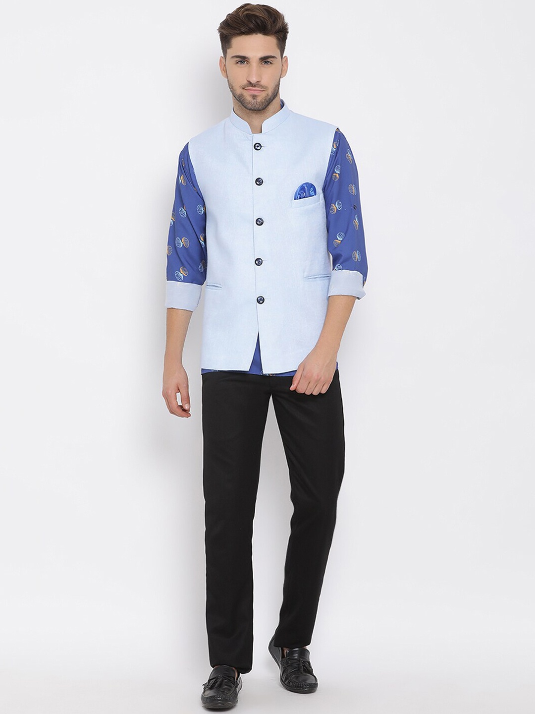 

Hangup Men Printed Linen Kurta with Pyjamas, Blue