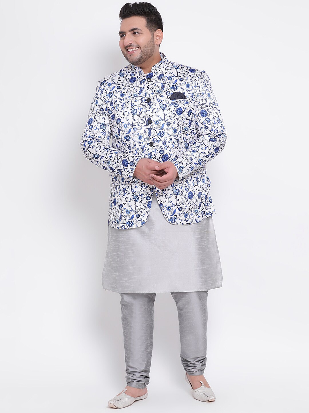 

Hangup Men Plus Size Printed Kurta with Pyjamas & With Jacket, Grey