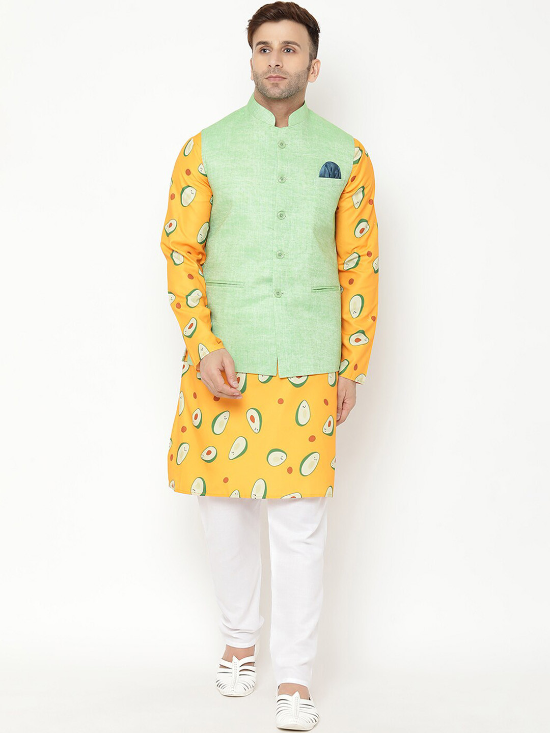 

Hangup Men Yellow Printed Kurta with Pyjamas & With Nehru Jacket