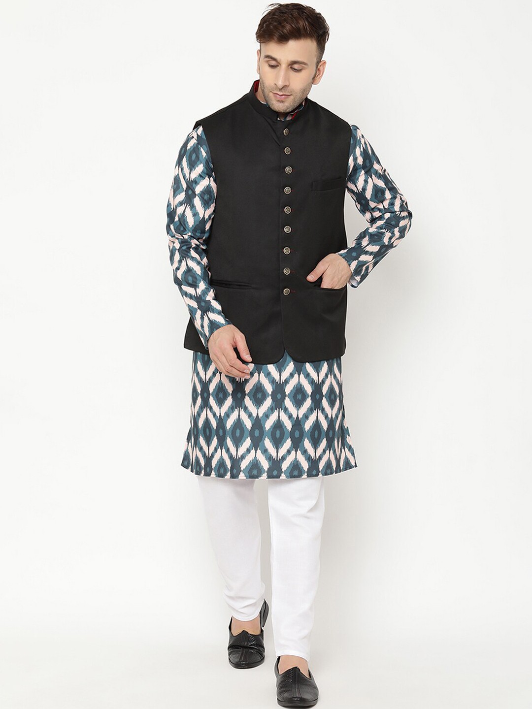 

Hangup Men Printed Kurta with Pyjama With Nehru Jacket, Green