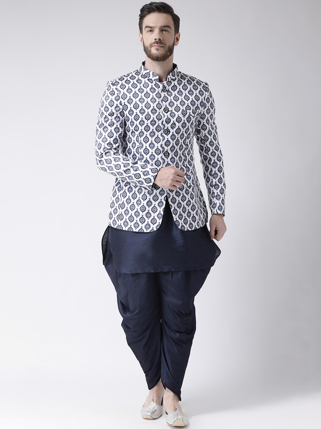 

Hangup Men Solid Straight Kurta with Patiala & With Printed Jacket, Blue