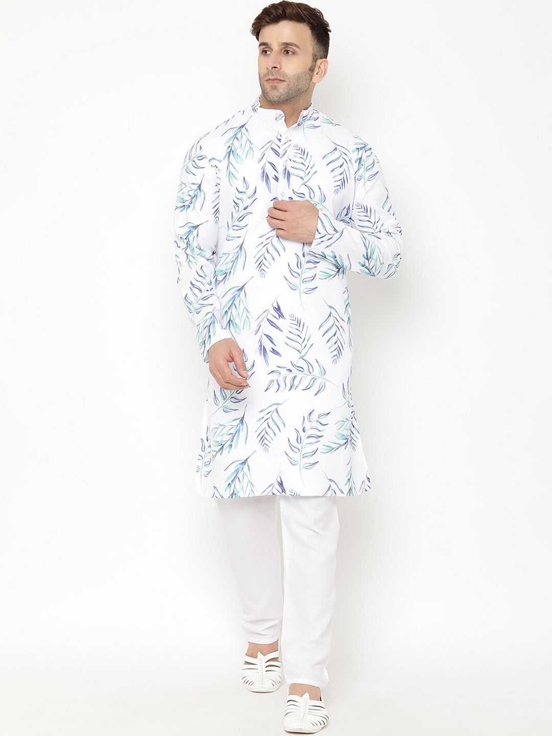 

Hangup Men Floral Printed Kurta with Trousers, White