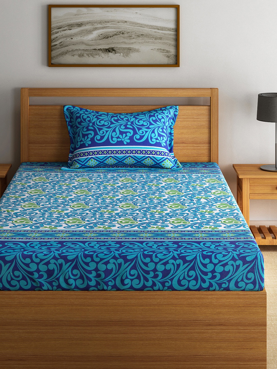 

Swayam Eco Blue Cotton 144 TC Single Bedsheet with 1 Pillow Cover