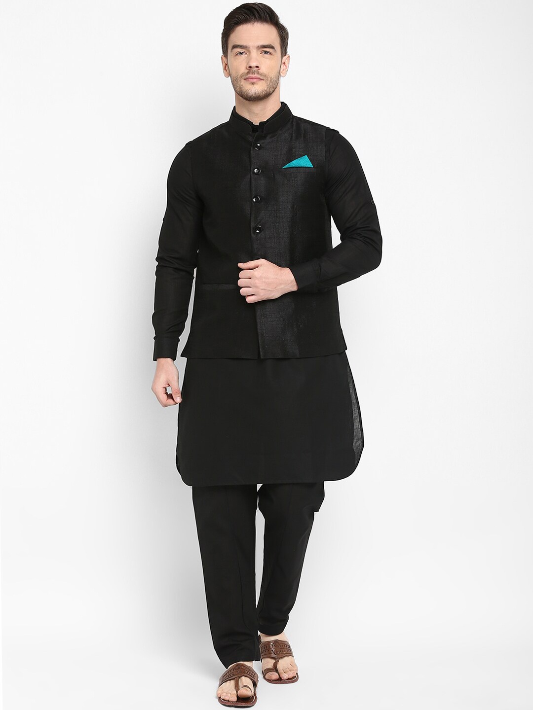 

Hangup Men Kurta with Churidar & Nehru Set, Black