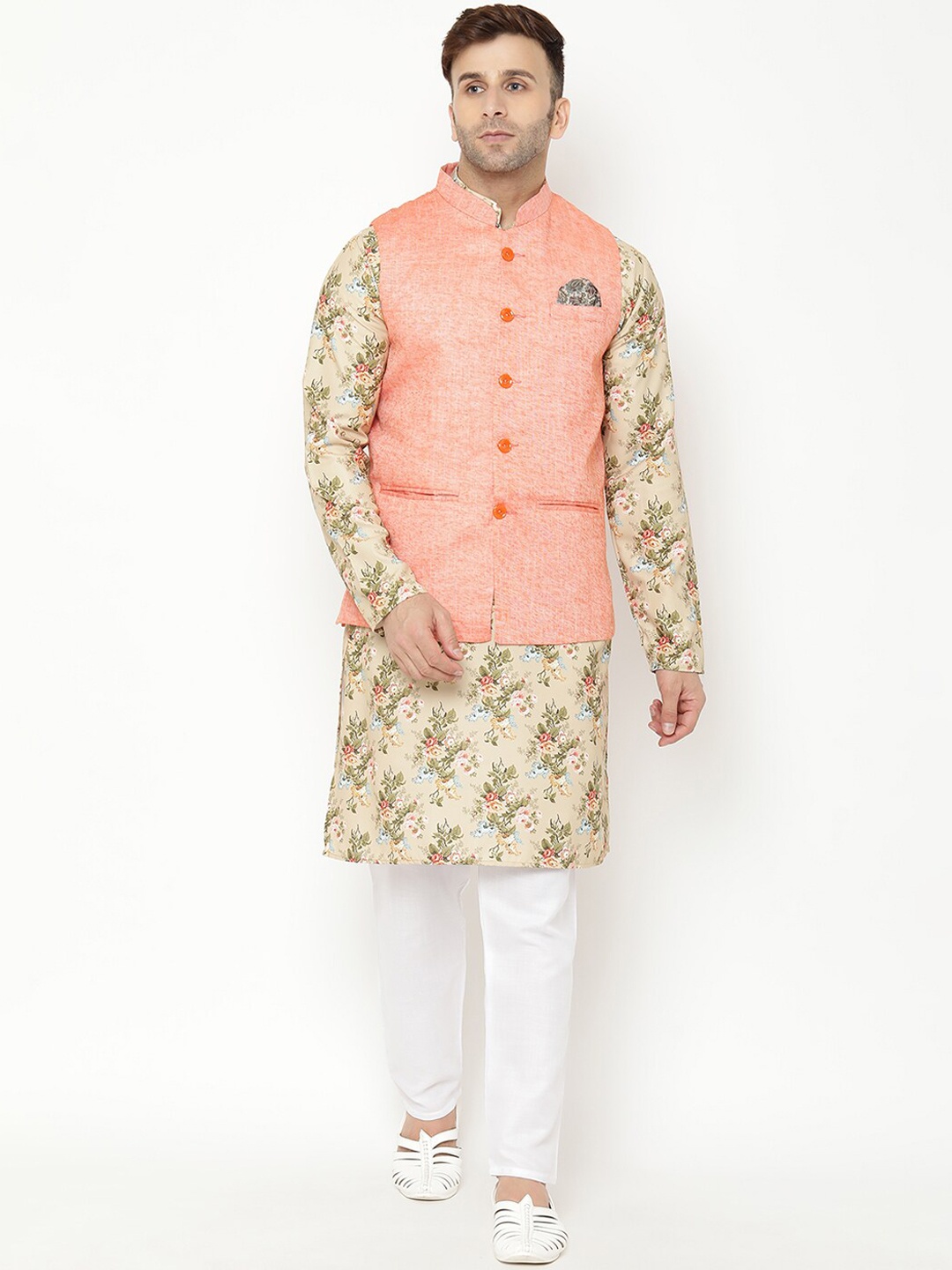 

Hangup Men Floral Printed Kurta with Pyjamas With Jacket, Beige