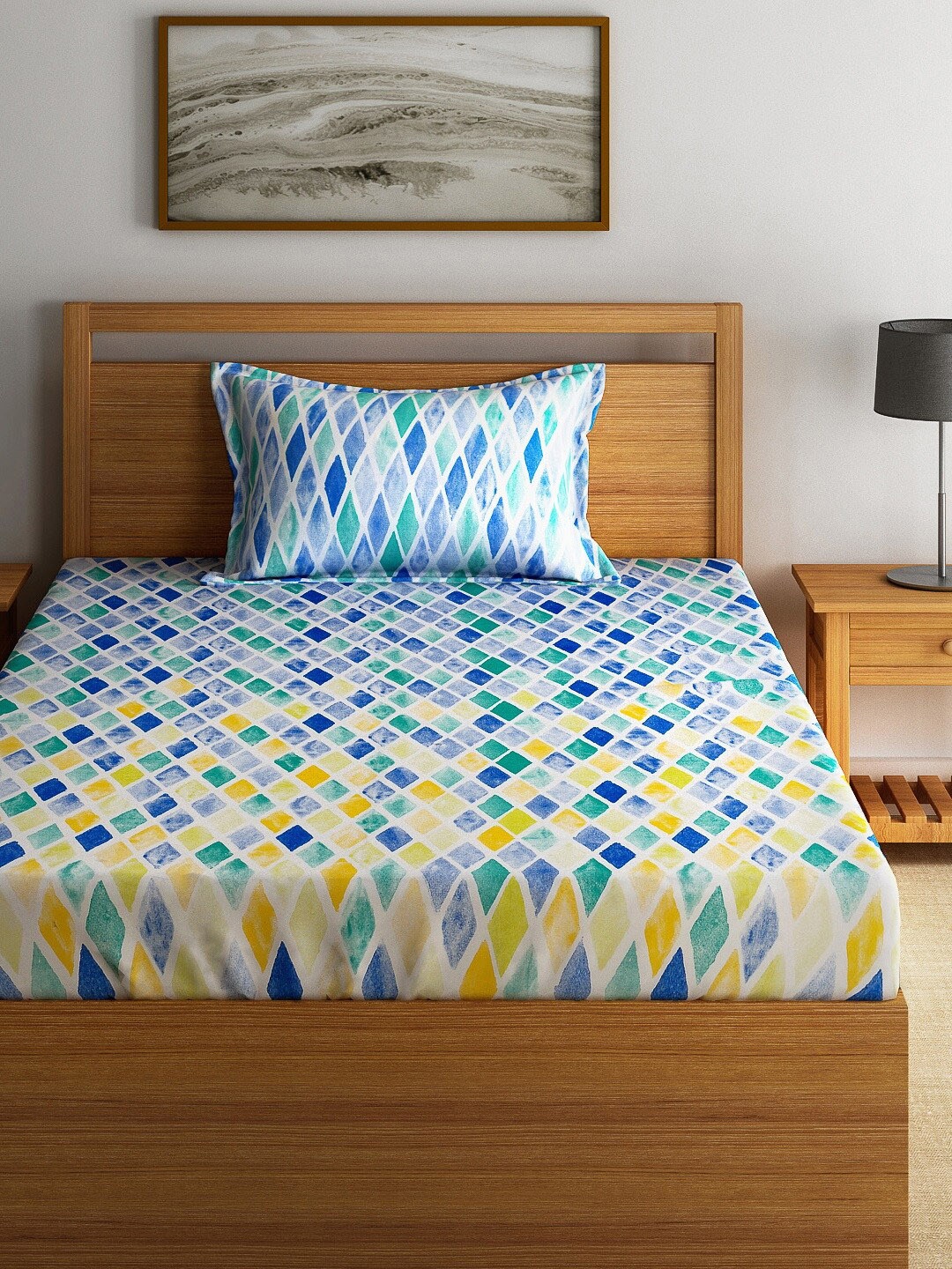 

Swayam Eco Yellow & Blue Cotton 144 TC Single Bedsheet with 1 Pillow Cover