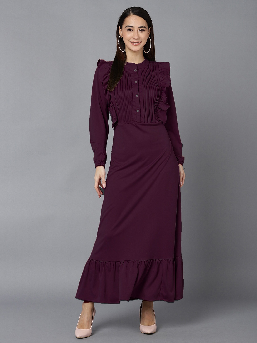 

shashvi Women Ruffles And Pleated Long Sleeves Maxi Dress, Purple