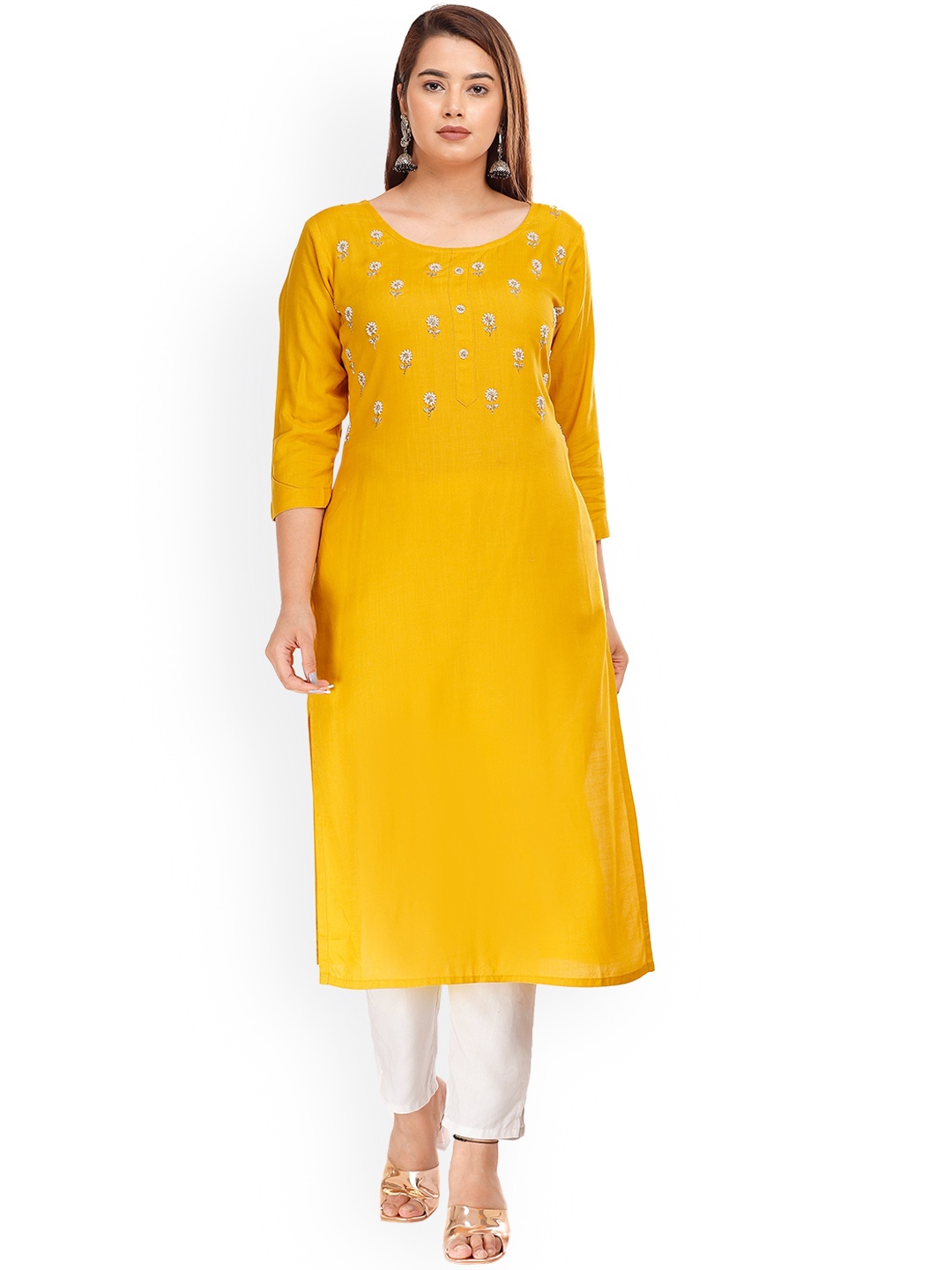 

KALINI Women White Floral Embellished Kurta, Yellow