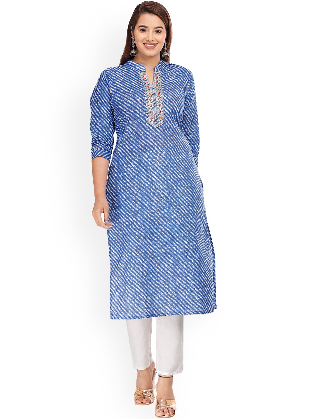 

KALINI Women Leheriya Striped Thread Work Kurta, Blue