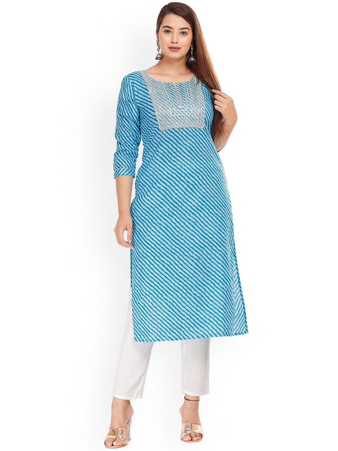 

KALINI Women Leheriya Printed Gotta Patti Kurta, Blue