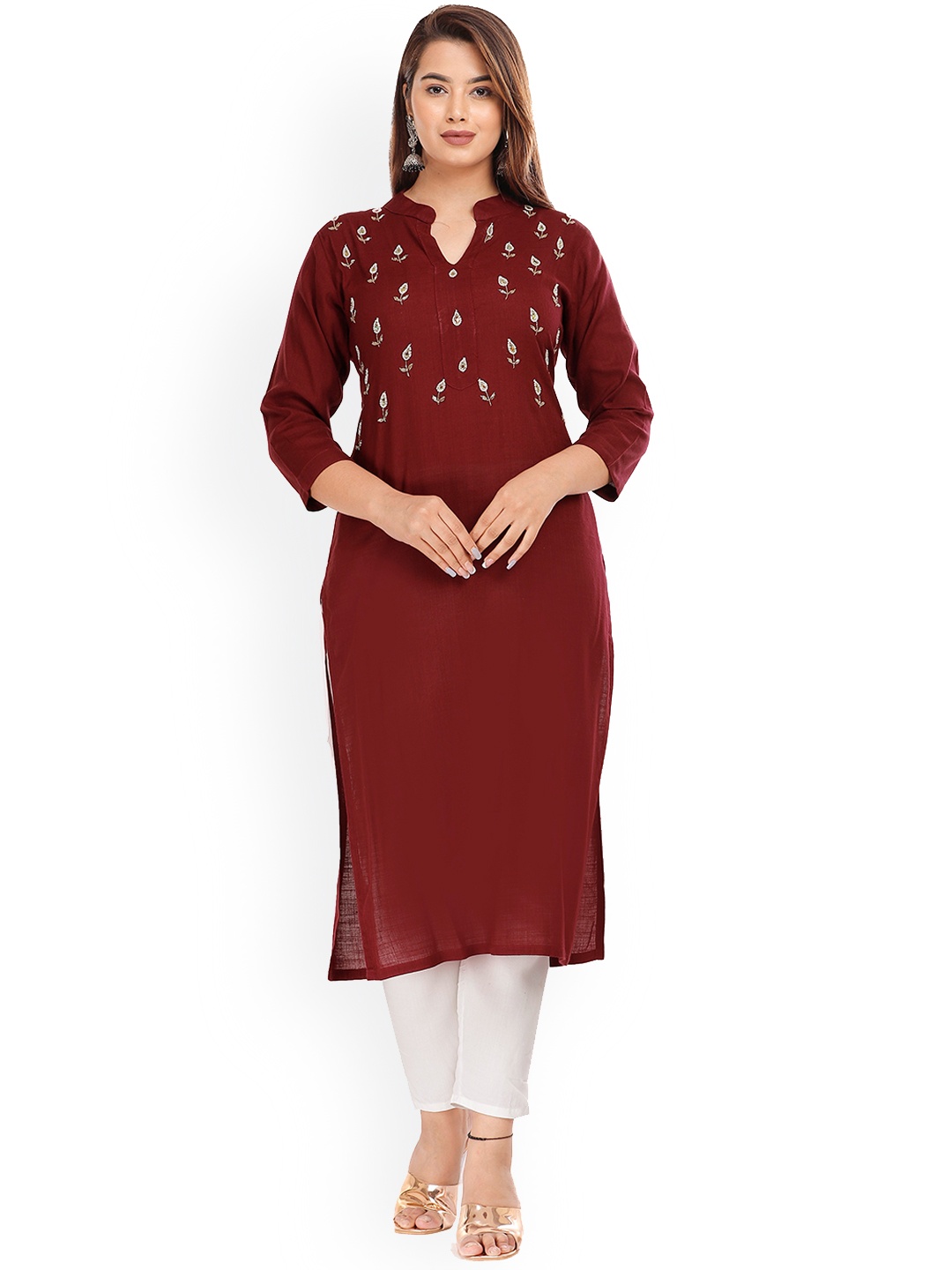 

KALINI Women Floral Yoke Design Thread Work Kurta, Maroon