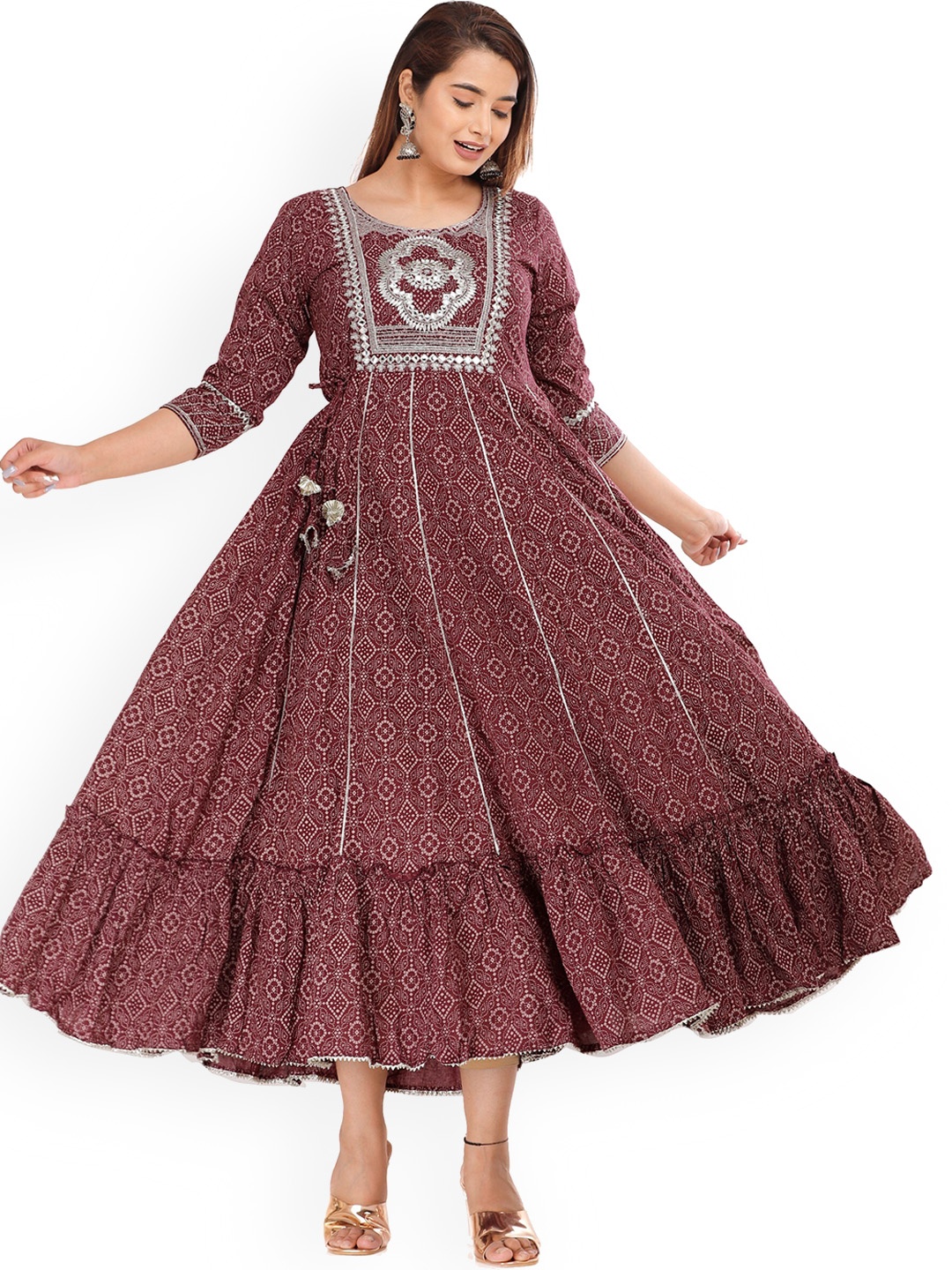 

KALINI Women Ethnic Motifs Printed Thread Work Anarkali Kurta, Maroon