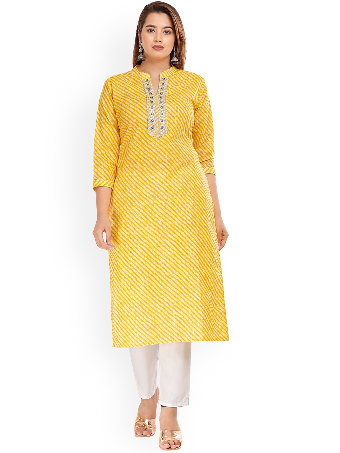 

KALINI Women Leheriya Printed Thread Work Kurta, Yellow