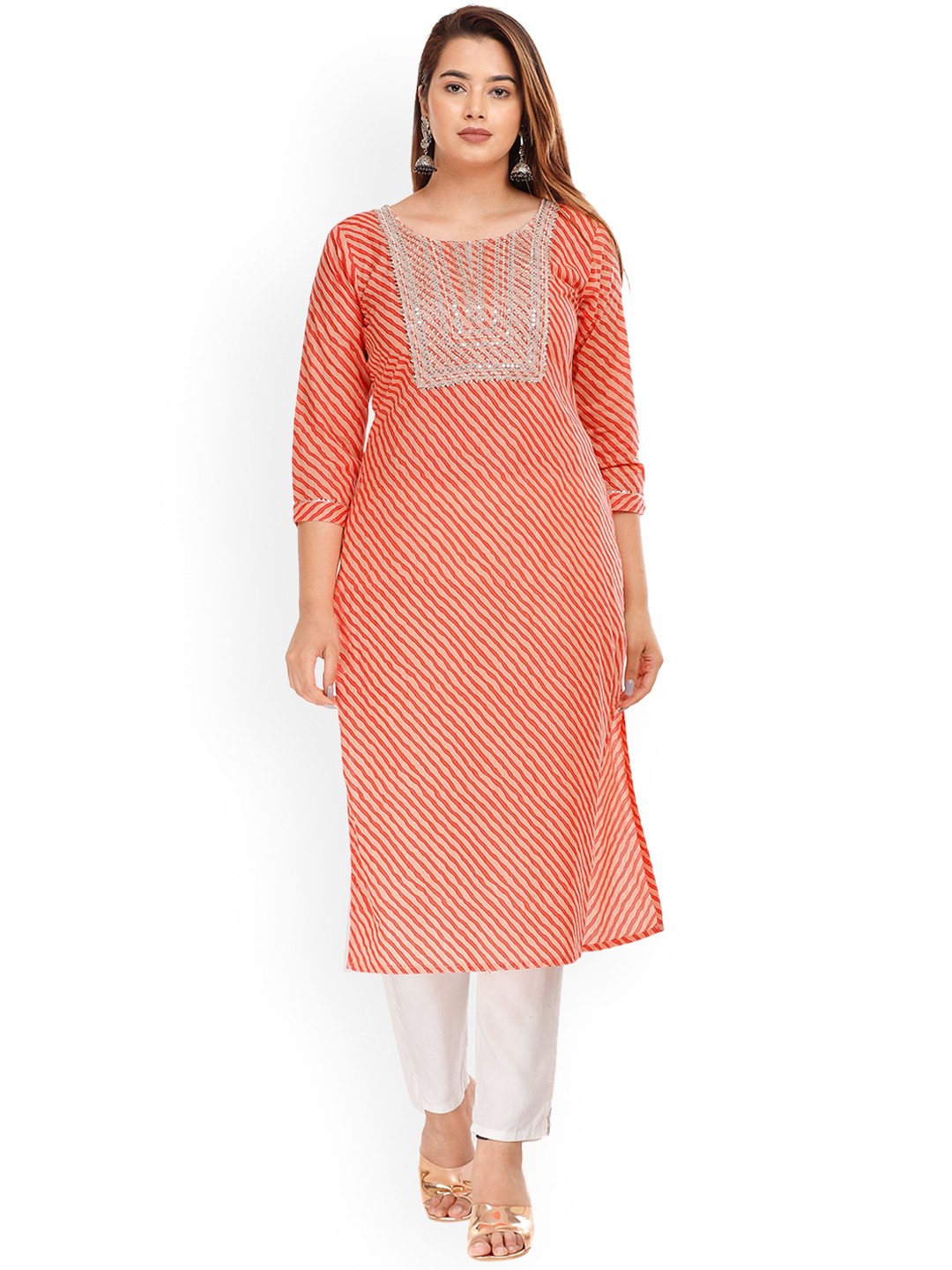 

KALINI Women Leheriya Printed Thread Work Kurta, Orange