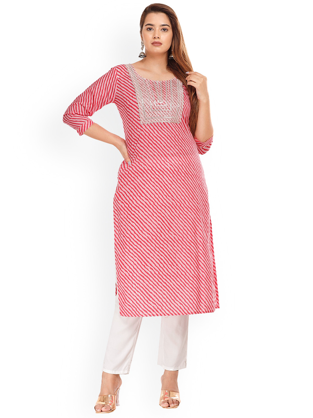 

KALINI Women Leheriya Printed Mirror Work Kurta, Pink