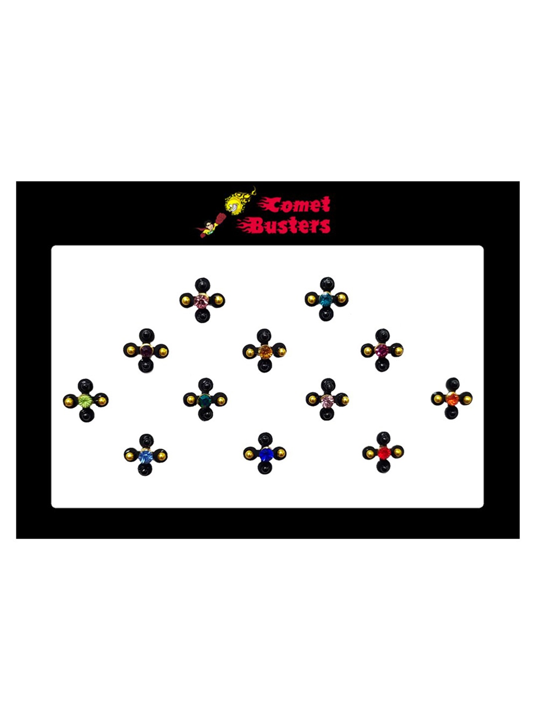 

Comet Busters 12 Pcs Embellished Reusable Designer Bindis - Black & Gold-Toned