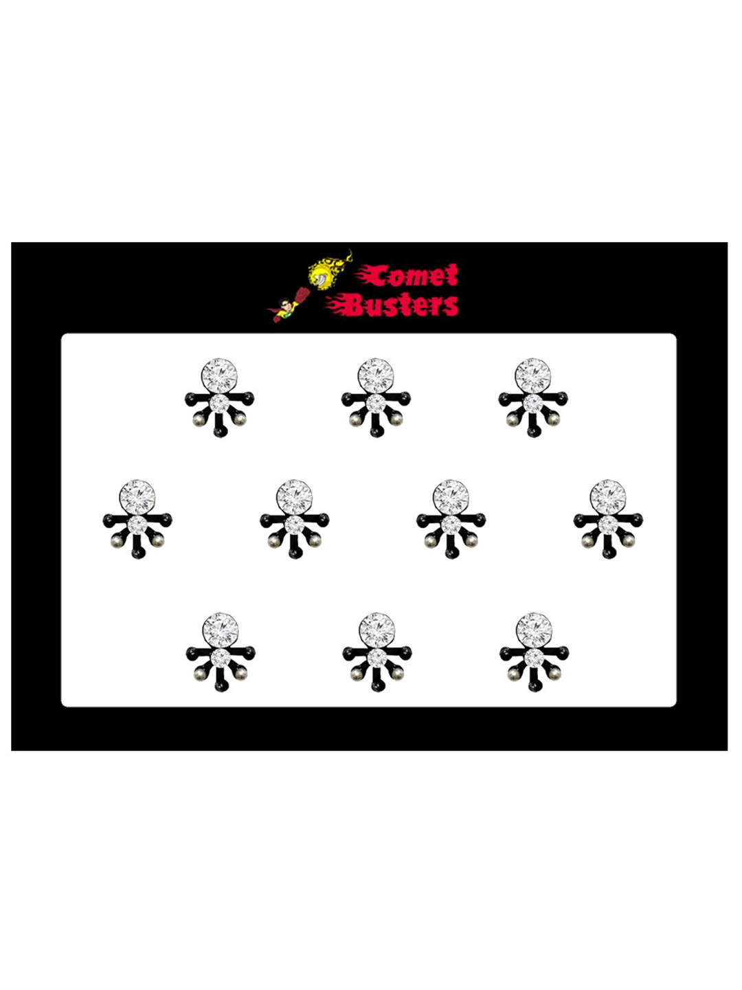 

Comet Busters 10 Pcs Embellished Reusable Designer Bindis - Black & Silver-Toned