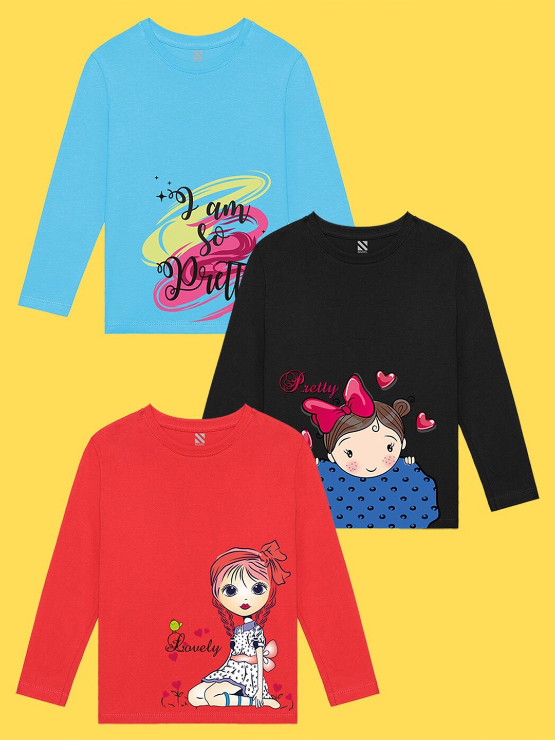 

NUSYL Girls Pack of 3 Blue & Red Printed T-shirt