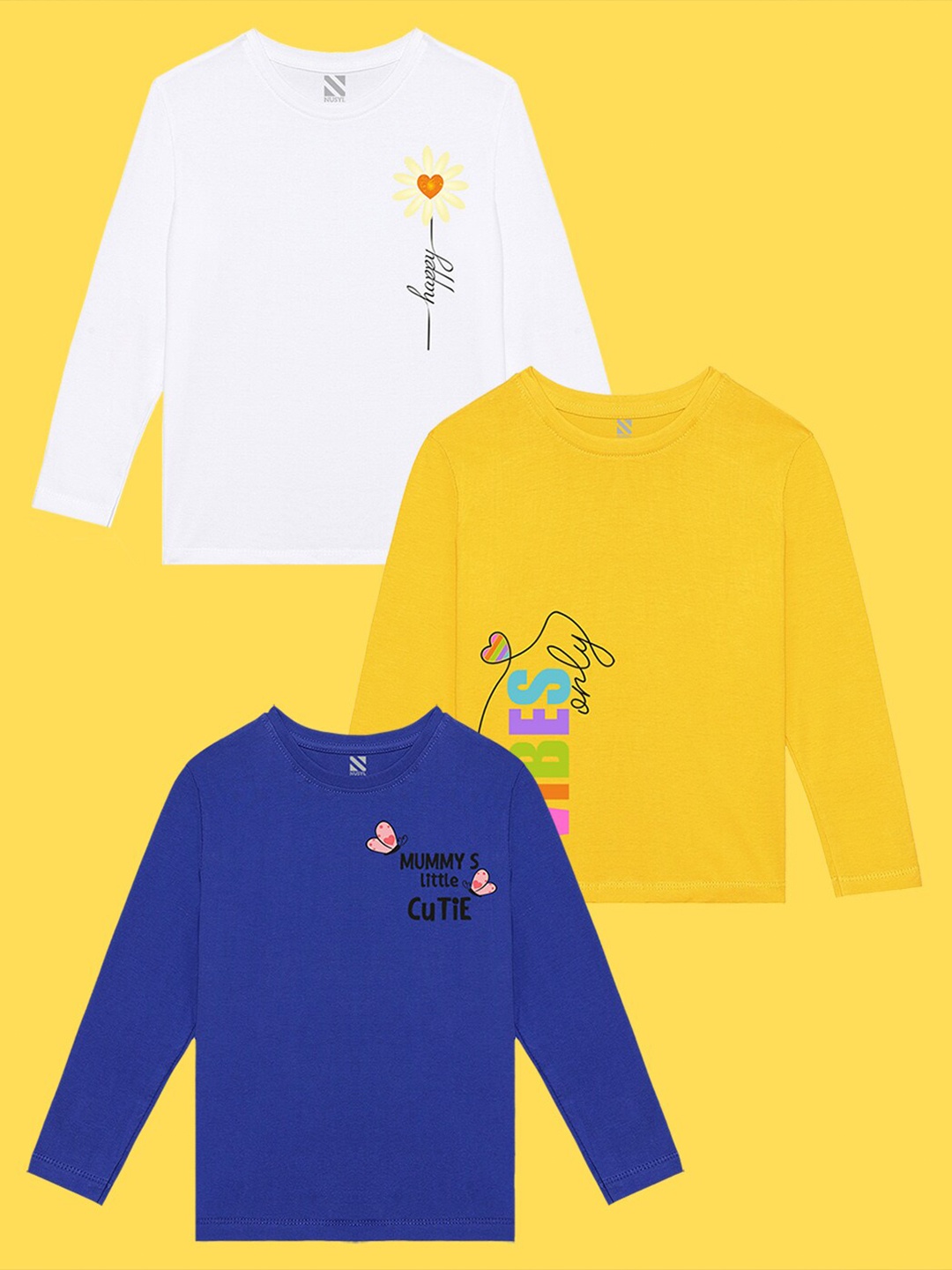 

NUSYL Girls Pack of 3 White & Yellow Printed T-shirt
