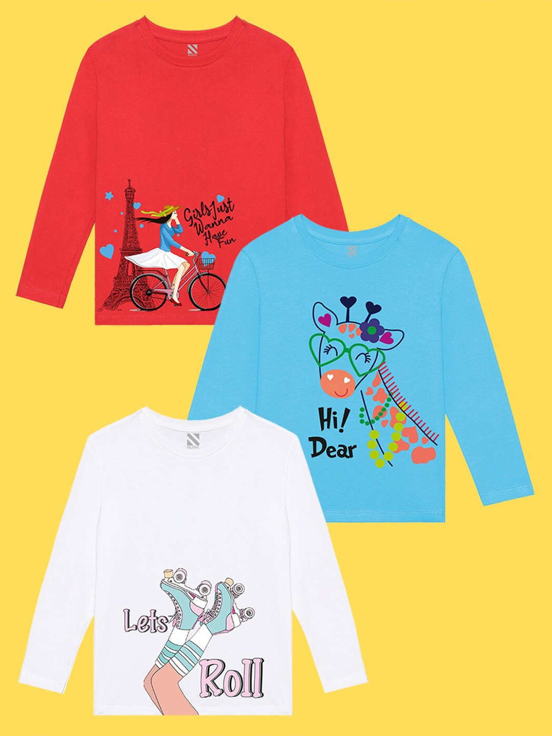 

NUSYL Girls Pack of 3 Red & White Printed T-shirt
